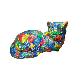Vintage Rainbow Plaid Ceramic Calico Cat Statue Door Stop Decoupage Figurine Pat